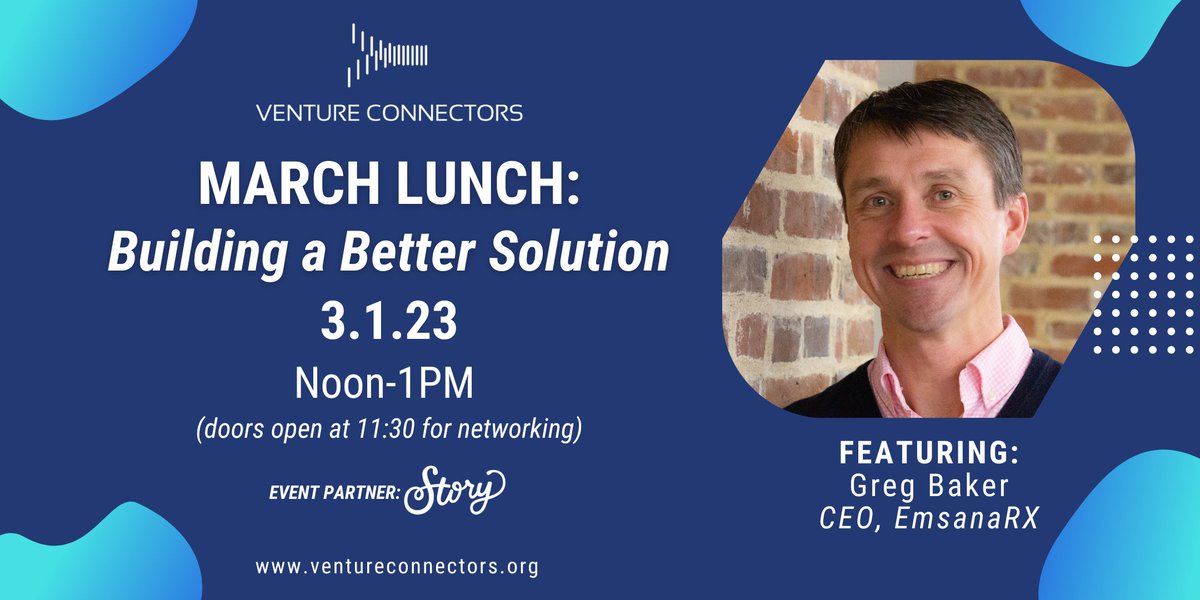 Don't miss Greg Baker of EmsanaRx March 1, who will share about the pharmacy benefit startup's innovative approach. @AmplifyLou <a href="/StartupLou/">Startup Louisville</a> @BFLouSteve <a href="/kyinnovation/">KY Innovation</a> #startups - mailchi.mp/ventureconnect…