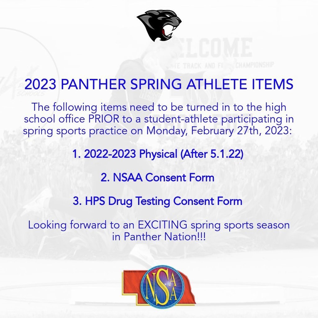 HersheyPanthers's tweet photo. All athletes interested in going out for a SPRING sport...You must have the needed items turned in BEFORE you practice starting on Monday, February 27th. Be proactive and get these items taken care of before practice starts!!! 
#IMPACT 
#PANTHERMOJO https://t.co/v5hZ0KkOfH