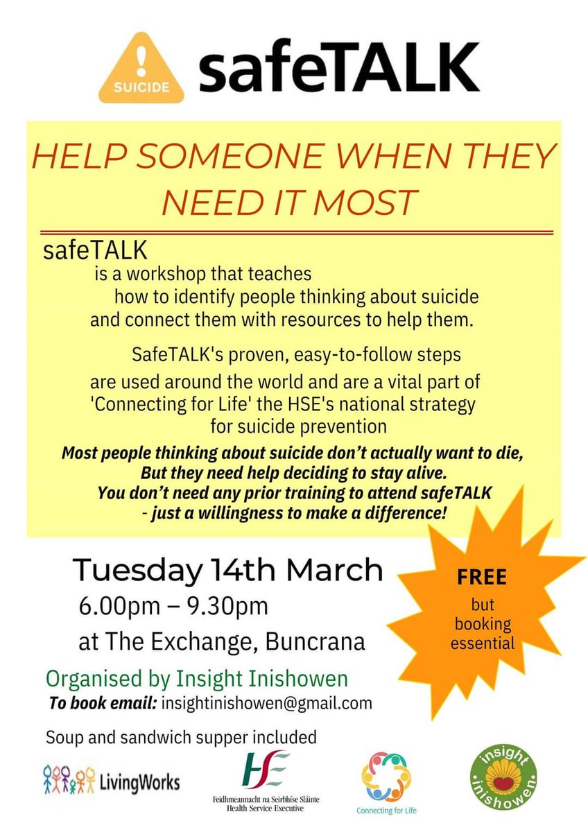 InsightInish's tweet image. We will host a SafeTALK workshop on Tuesday 14 March @ExchangeInish  Email us at insightinishowen@gmail.com to book *Please note this workshop is not suitable for anyone recently bereaved by suicide)* #SafeTALK #SuicidePrevention