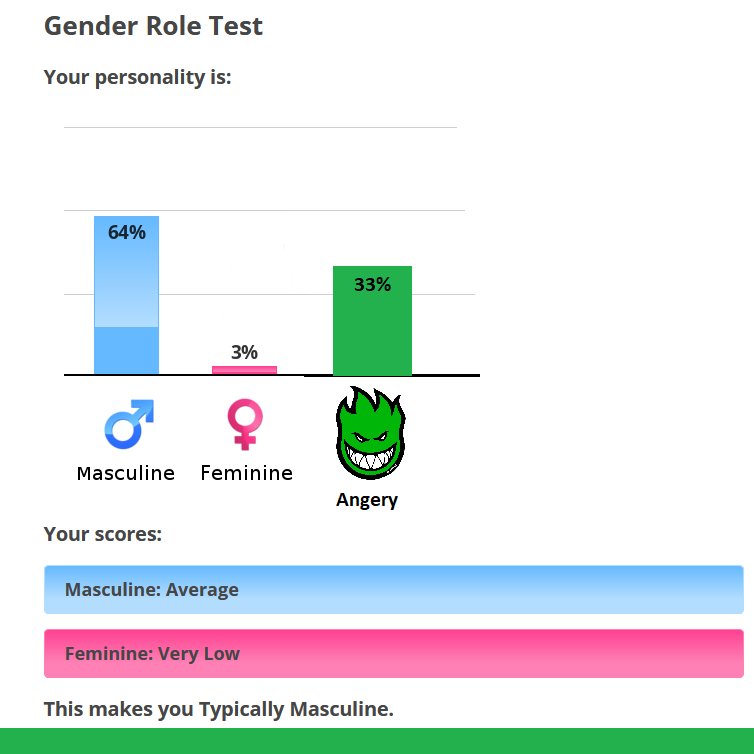 furiosity's tweet photo. i spent half the night on that website taking tests because i was bored and it told me i was much angrier than the average person, which i already knew, and then it was VERY confused about my "gender role" and lost like 33% of my personality so i fixed it: https://t.co/rNrFVnzl6j