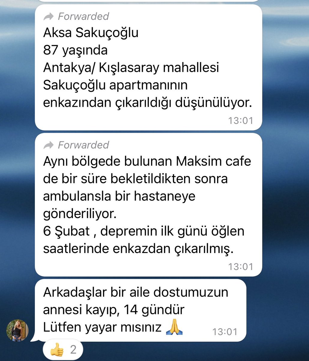 selinnasi's tweet photo. Biraz evvel whatsapp grubumuza gelen bir mesajı paylaşıyorum.
Bir tanıdığımızın annesi, Ayça Sakuçoğlu Antakya’da enkazdan kurtarılmış.14 gündür kayıp. Yayabilir misiniz? https://t.co/vW1xodYGTk
