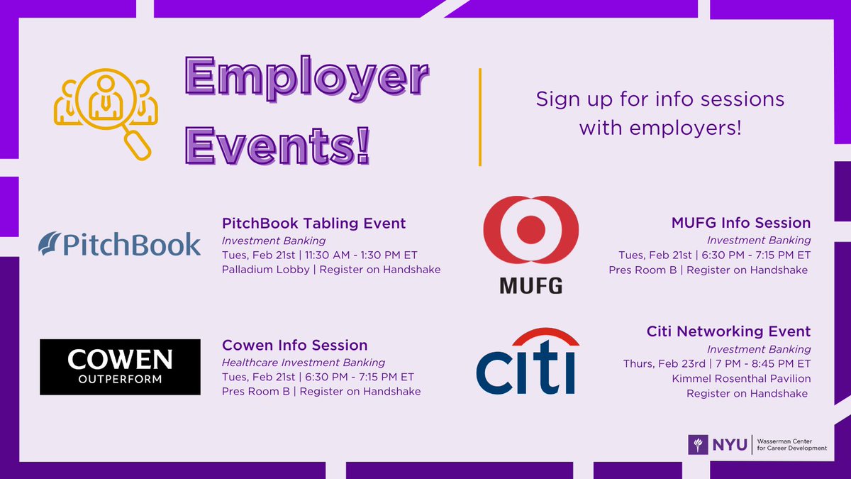Happy President's Day, NYU! Take a look at a few employers coming to campus this week. Make sure to sign up for even more info sessions and networking events on Handshake!
