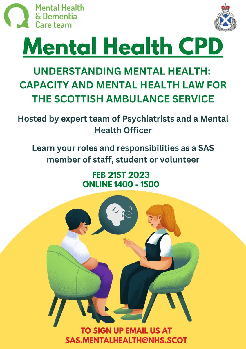 📢Are you a SAS member of staff, student or volunteer who would like to improve your understanding of Capacity and Mental Health Law relevant to your role? Join our expert group tomorrow online 2pm. Email us at sas.mentalhealth@nhs.scot to sign up 📨