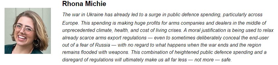 ForumArmsTrade's tweet photo. Continue arms to #Ukraine? @rhona_wam strongly disagrees "...This combination of heightened public defence spending and a disregard of regulations will ultimately make us all far less — not more — safe." See all 11 #EmergingExperts responses at https://t.co/BzdMvXgg88 https://t.co/8EwOJB7k1U