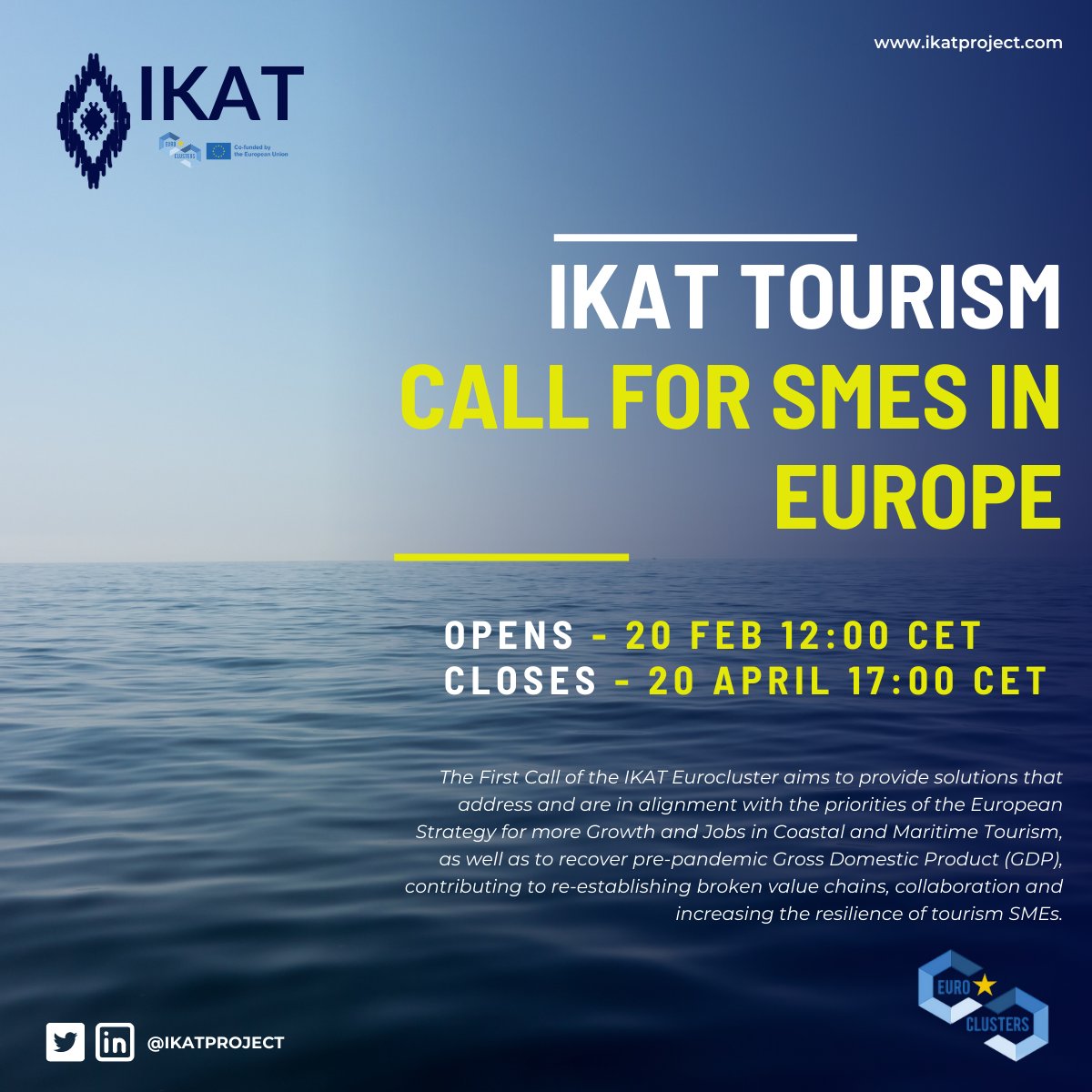 Ikatproject's tweet photo. The IKAT Tourism Call for SMEs in Europe – Financial support for services is OPEN.
https://t.co/01LH7h0US9
To participate register in the https://t.co/b5DTTZyfOE platform
Good luck!
Ikat Team
#Euroclusters #ECCP
@Clusters_EU @EU_Growth @EU_EISMEA @AlliedClusters https://t.co/RApslxEMVR