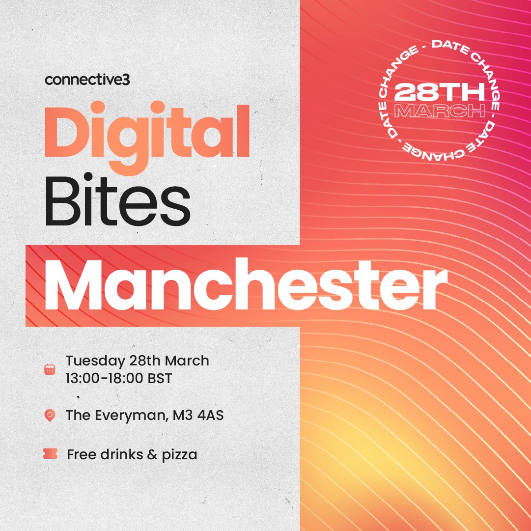 Digital Bites Date Change - Tues 28th March! 📣

Due to planned rail strikes, Digital Bites will now be taking place on Tues 28th March instead of Thur 30th March. We have an amazing afternoon planned so hope you can all still make it. More announcements coming this week. 👀