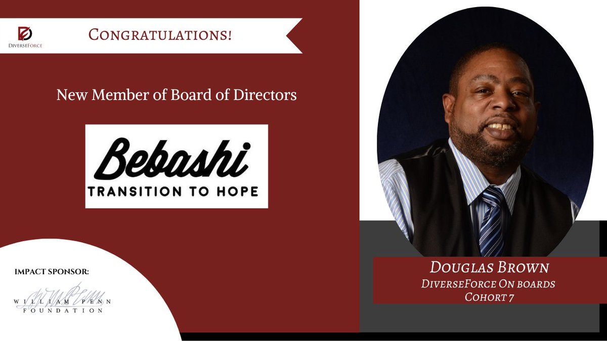 DiverseForce's tweet photo. Huge congratulations to Douglas Brown, an alumnus of our @DiverseForce On Boards Cohorts 7, for becoming a recent addition to the Board of Directors for @bebashi - Transition to Hope.
#DiverseForce #DiverseForceOnBoards https://t.co/jDUBdKHI40