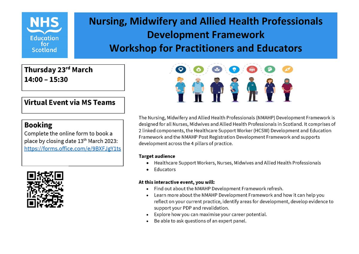 NESnmahp's tweet photo. NES NMAHP Development Framework workshop session coming soon!

NHS Education for Scotland is pleased to offer an interactive session about the NES NMAHP Development Framework refresh for practitioners &amp; educators.

For more information &amp; to book: https://t.co/s3wnAqPXFz