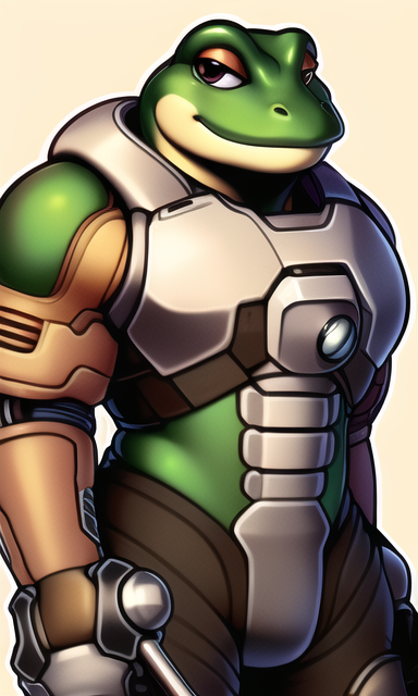 Th3Pooka's tweet photo. Did an AI generation of @xisumavoid using the prompt "Doom guy, Anthro Frog" and it came out like a battle toad with armor and i love it !!! https://t.co/MQjEeAvhje