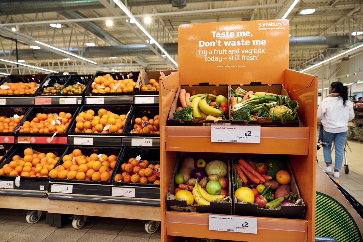 sainsburys's tweet photo. Introducing our new Taste Me, Don’t Waste Me £2 fruit and vegetables boxes hitting 200 Sainsbury’s stores this week. Get your hands on a range of fresh fruit and veggies, carefully selected to give you more, for less. 

#FreshFruitAndVeg #BudgetFriendly https://t.co/VvOKjh8562