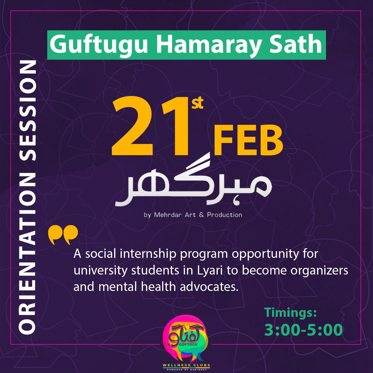 mehrghar's tweet photo. Guftugu (Mental Health Support Program is offering 04-month social internship opportunity to young people of Lyari! 
Join us for the orientation session and learn more about Guftugu's program structure and agenda along with a thought-provoking conversation about mental health. https://t.co/CAVzsq8KSt
