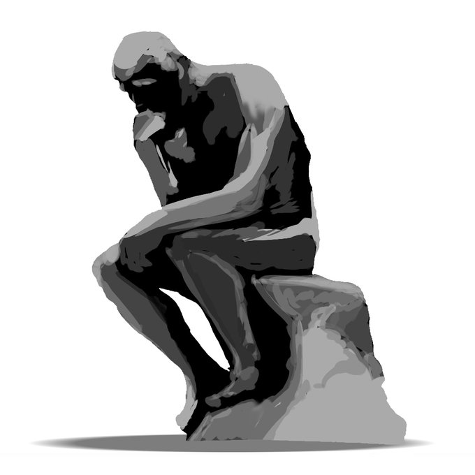 考える人と考えてない人という対比をふと想像し、考える人まで描いた時点で似たようなネタを見つけてしまいましたので3分で描いた考える人だけどうぞ。 