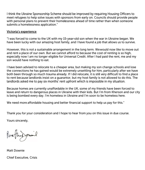 No one fleeing war should be facing homelessness in the UK. Our CEO @matthew_downie has shared with Felicity Buchan MP, Minister for Housing and Homelessness, the direct accounts of two Ukrainian women who spoke last month to the @HomelessAPPG about the challenges they have faced