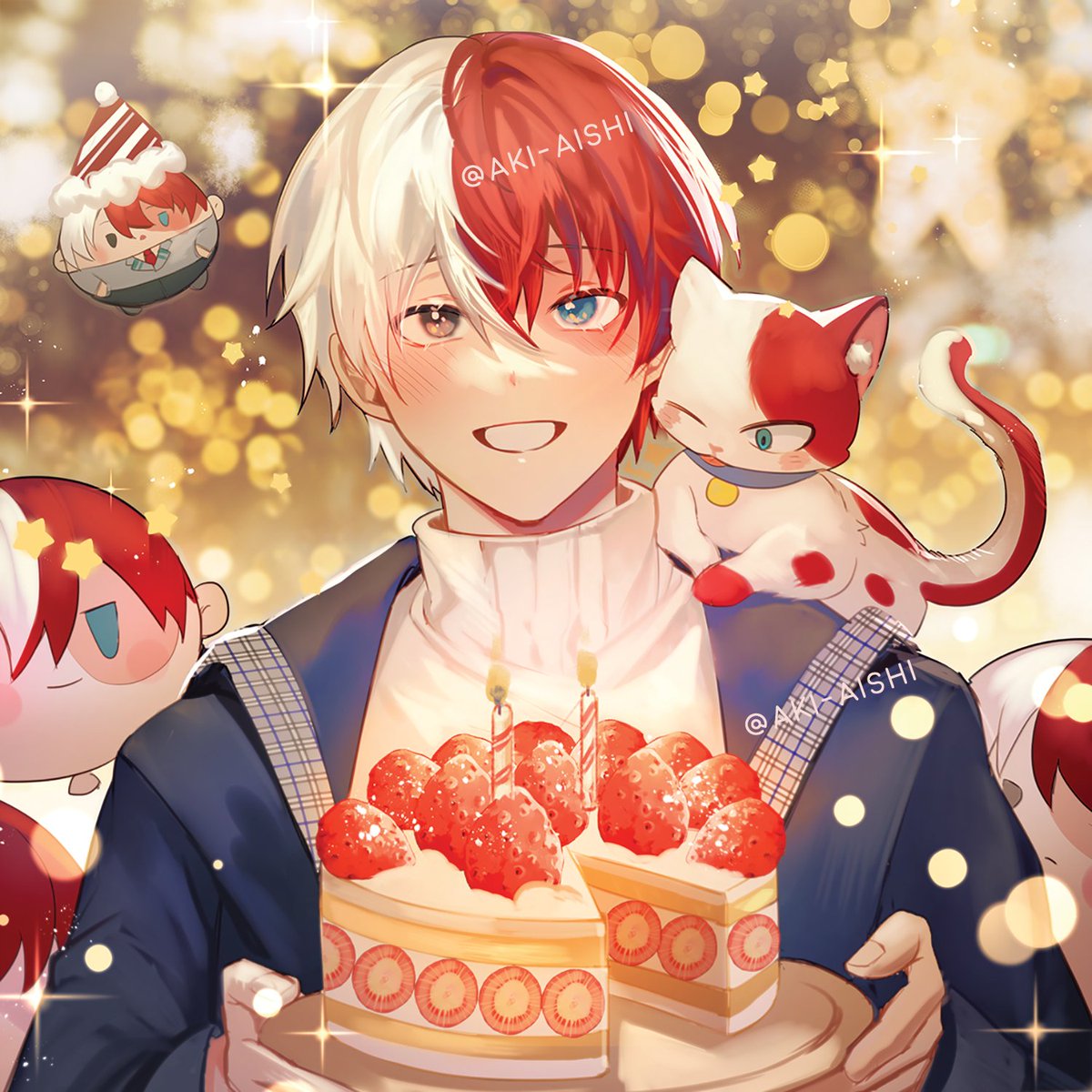 todoroki shouto split-color hair food 1boy male focus red hair strawberry burn scar  illustration images