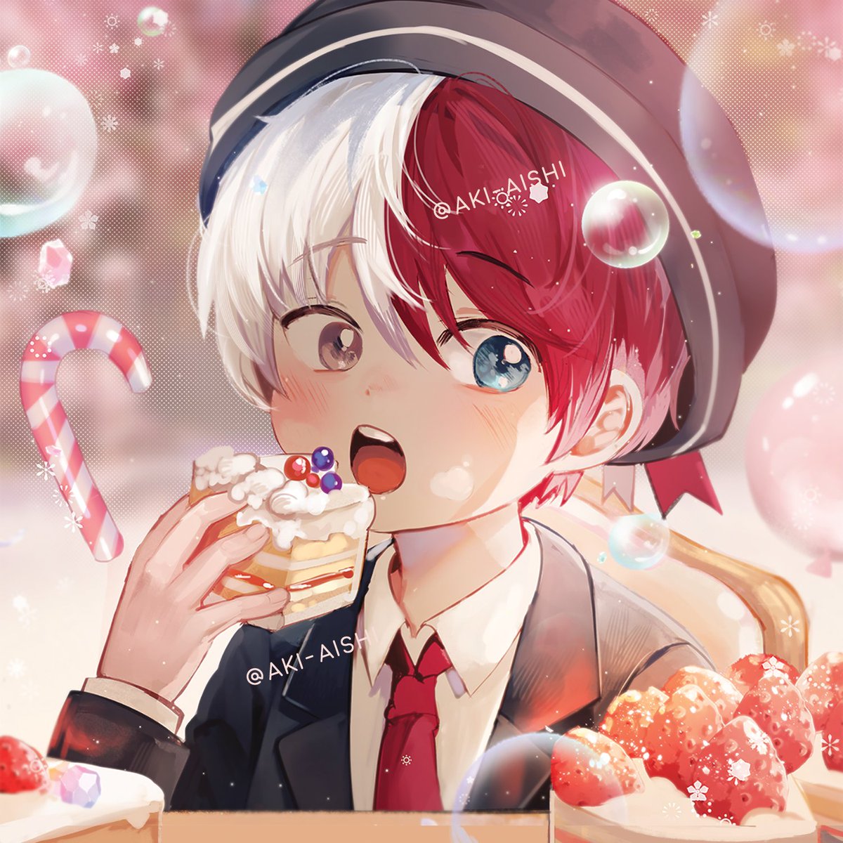 todoroki shouto split-color hair food 1boy male focus red hair strawberry burn scar  illustration images