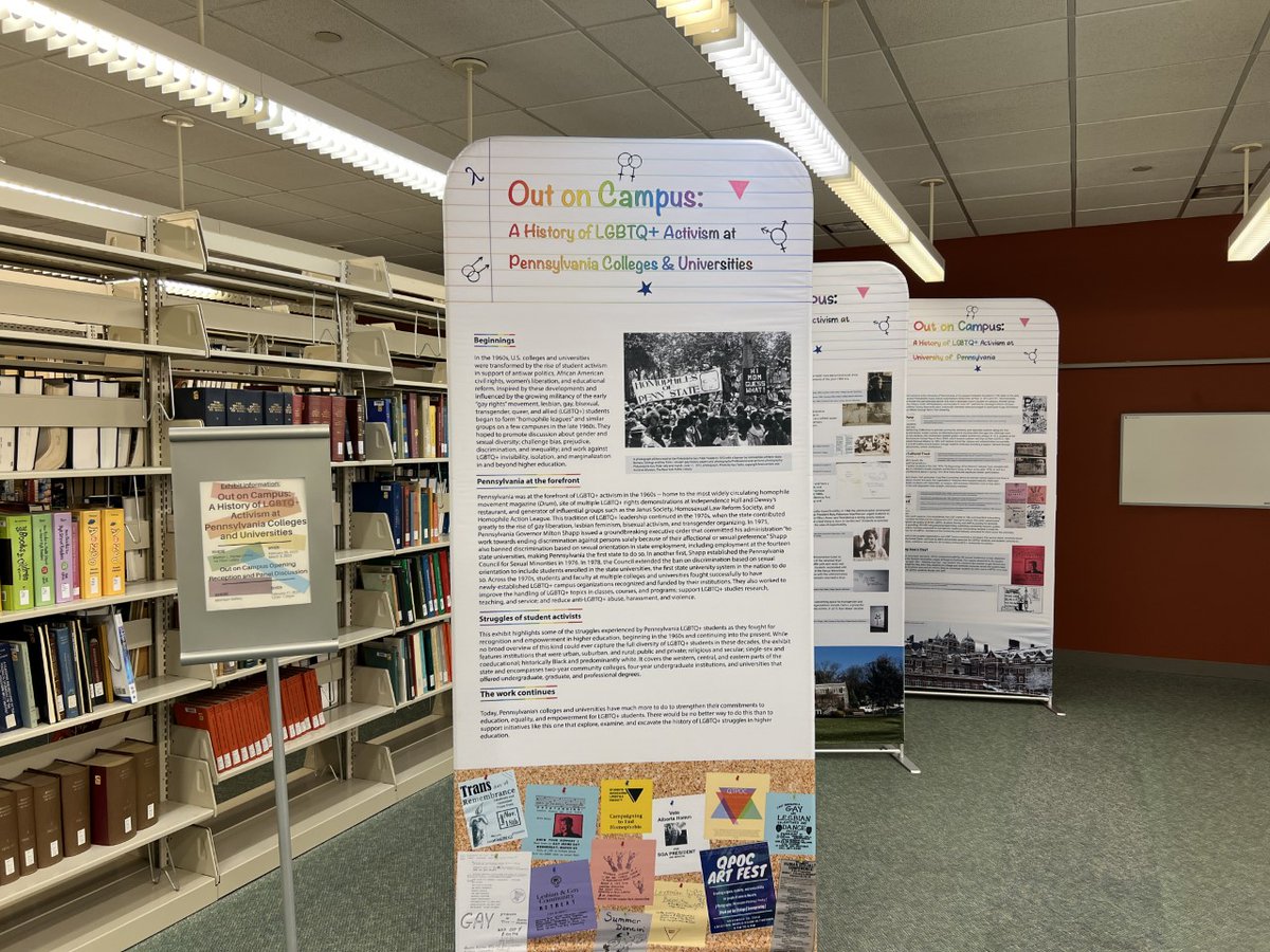 psuhbgasc's tweet photo. The Madlyn L. Hanes Library is honored to host the traveling exhibition, "Out on Campus: A History of LGBTQ+ Activism at Pennsylvania Colleges and Universities," from now through March 3, 2023.  Visit an online version of the exhibition at https://t.co/v7KehJ8VS3. https://t.co/0uQWfJtPJe