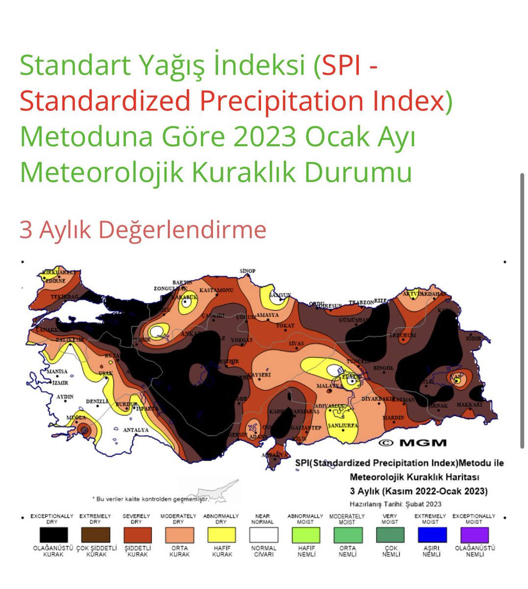 Son yağışlar da kuraklığa çare olmadı

- Meteoroloji Genel Müdürlüğü 2023’ün ilk kuraklık haritalarını yayınladı.

- Ocak’ta ülkenin büyük bölümü şiddetli kuraklık yaşadı.

- İlkbahar yağışları hayati öneme sahip. Yağış olmazsa çok büyük risklerle karşı karşıya kalacağız.👇👇