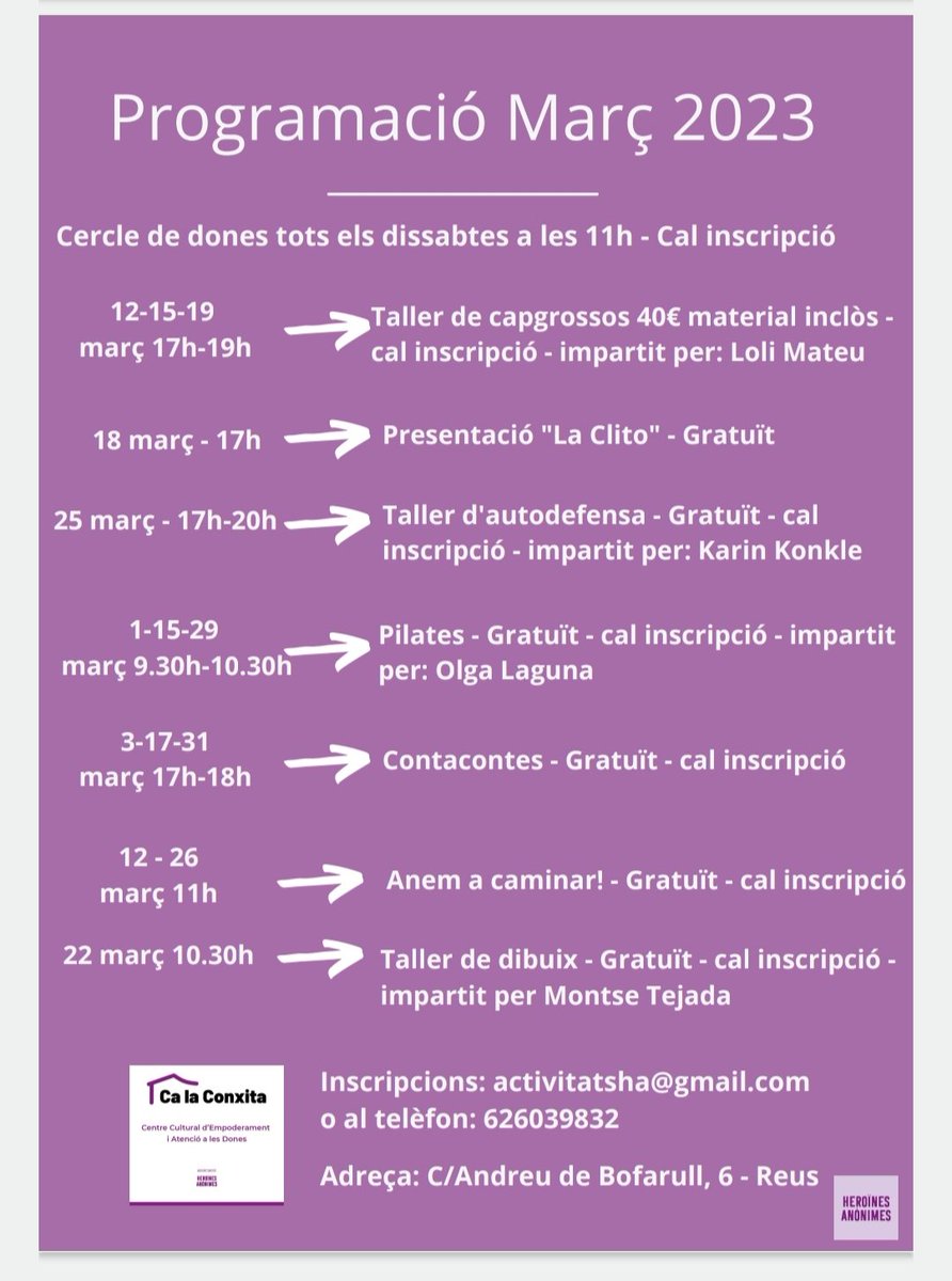 heroines_a's tweet photo. Ja tenim la programació del mes de març de
 "Ca la Conxita"  Centre Cultural d'empoderament i atenció a les dones. 
📌 C/Andreu de Bofarull, 6 REUS
📝 activitatsha@gmail.com 
*Les úniques activitats mixtes són la presentació de "La clito" i el Taller de capgrossos. https://t.co/gADCveteLz