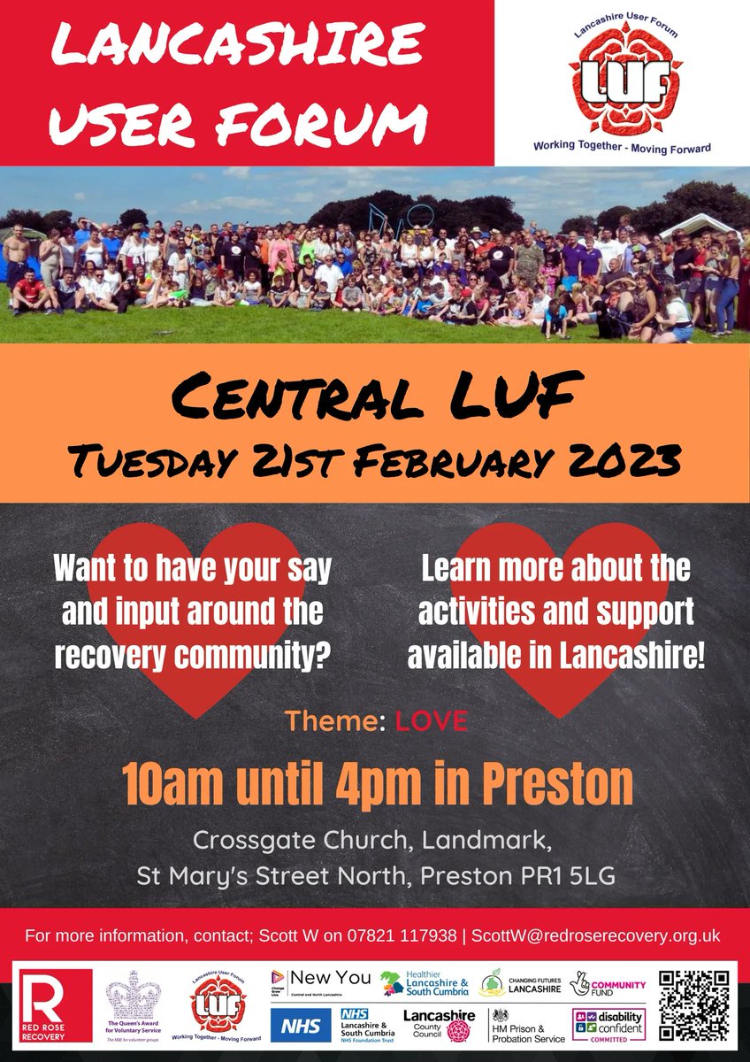 RRR_LUF's tweet photo. Don't miss our Lancashire User Forum tomorrow at Crossgate's Church in Preston from 10am until 4pm!
We have a filled agenda with life stories, talks from organisations, live music so much more. Whilst your there you can enjoy a #Freelunch
#RedRoseRecovery #Free #community https://t.co/NLCEL67gQh