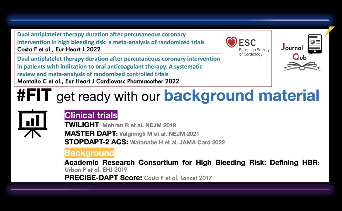 📣This week #JournalClub discusses #DAPT duration post #PCI in #HBR & #OAC pat @ESCJournals #EHJ

⭐️Expert Prof. @vlgmrc & presenters @MdMontalto + @Costa_F_8

🗓Time: Wed Feb 22nd, 6pm(CET)
➡️DM 4 ZOOM🔗

As a starter s. #BackgroundSession w/🔑literature: linktr.ee/thecardiojc