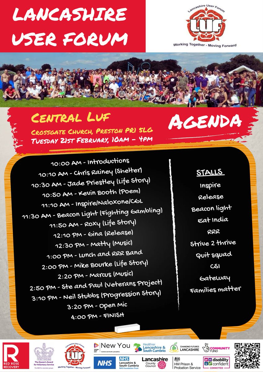RRR_LUF's tweet photo. Don't miss our Lancashire User Forum tomorrow at Crossgate's Church in Preston from 10am until 4pm!
We have a filled agenda with life stories, talks from organisations, live music so much more. Whilst your there you can enjoy a #Freelunch
#RedRoseRecovery #Free #community https://t.co/NLCEL67gQh