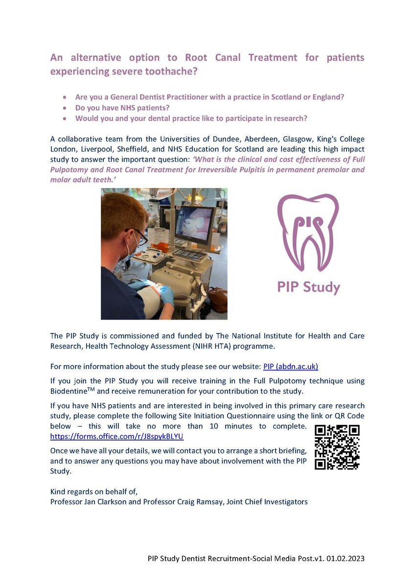 Are you a General Dentist Practitioner with a practice in Scotland or England with NHS patients? Would you like to participate in research? 
If so, then we need your help with our PIP Study!
Find more information about the study and how to sign up here 👉 buff.ly/3IEucNy