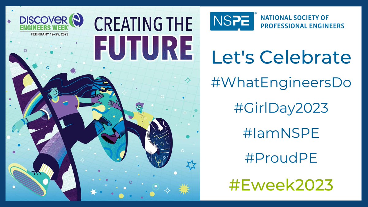NSPE's tweet image. Happy #Eweek2023! Founded by NSPE in 1951, Eweek is dedicated to ensuring a diverse and well-educated future engineering workforce by increasing understanding of and interest in engineering and technology careers. Let’s celebrate #WhatEngineersDo!  bit.ly/3SFtTEy