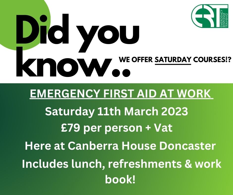 ERtrainingUK's tweet photo. Can't find time in the week to attend a First Aid course??,

We offer Saturday courses here at Canberra House,

For more info or to book go to 

https://t.co/df1OXR8Mjt

Or give us a call on 01302 802016  😄 

#firstaidtraining #doncasterbusiness #supportlocal https://t.co/mtOKt8OESl