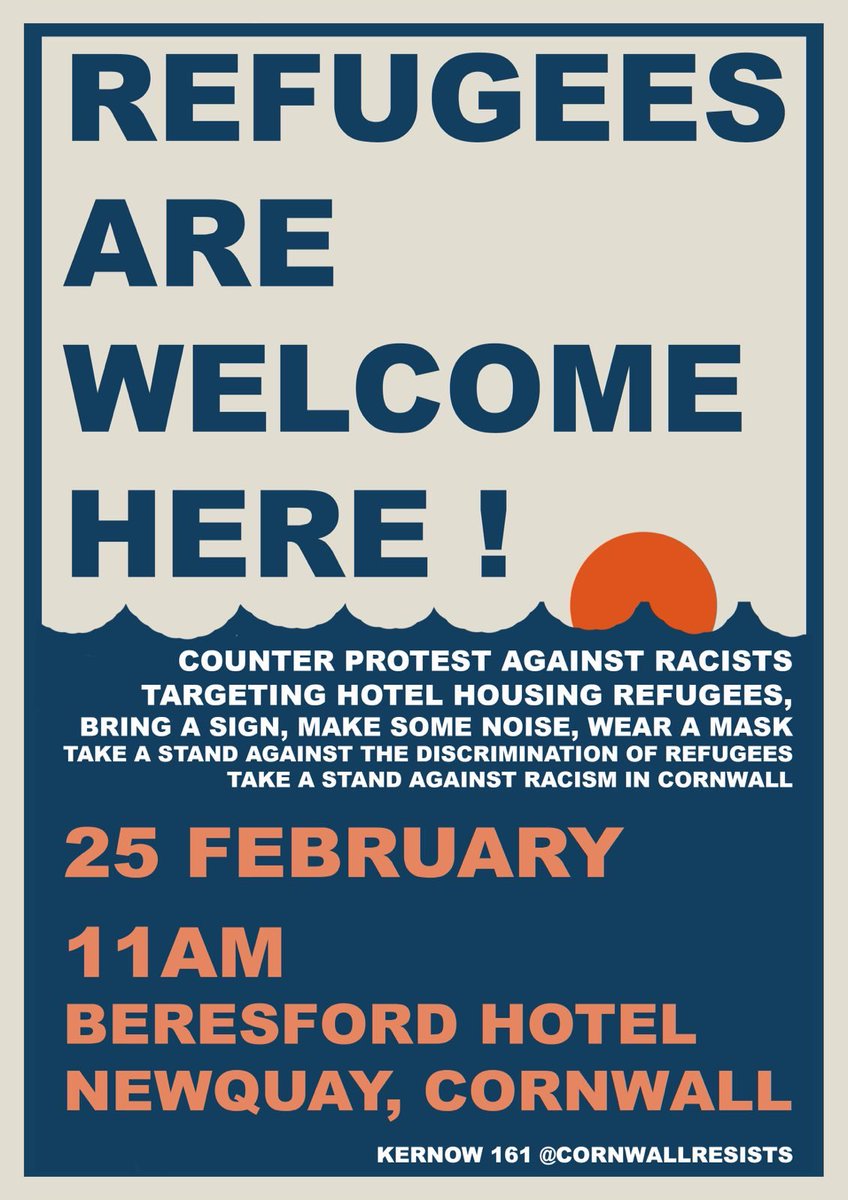 CornwallResists's tweet photo. See you on Saturday to stand against fascism in Cornwall and say refugees are welcome here. 

11am outside the Beresford hotel. 

No Pasarán https://t.co/8CYeWCYIC3