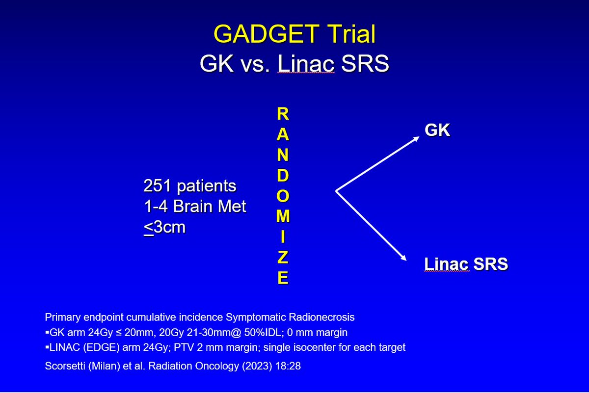 PDBrownOnc's tweet photo. #RCT GK vs. Linac #SRS #brain #metastasis
NO diff LC, DBF, OS 
Surprisingly no diff #radiation #necrosis despite higher doses &amp; target volumes 7x larger due to PTV on Linac arm
Many use SIMT now for Linac SRS
https://t.co/OYEcuXKFZ1 https://t.co/1qHfN7yc7W