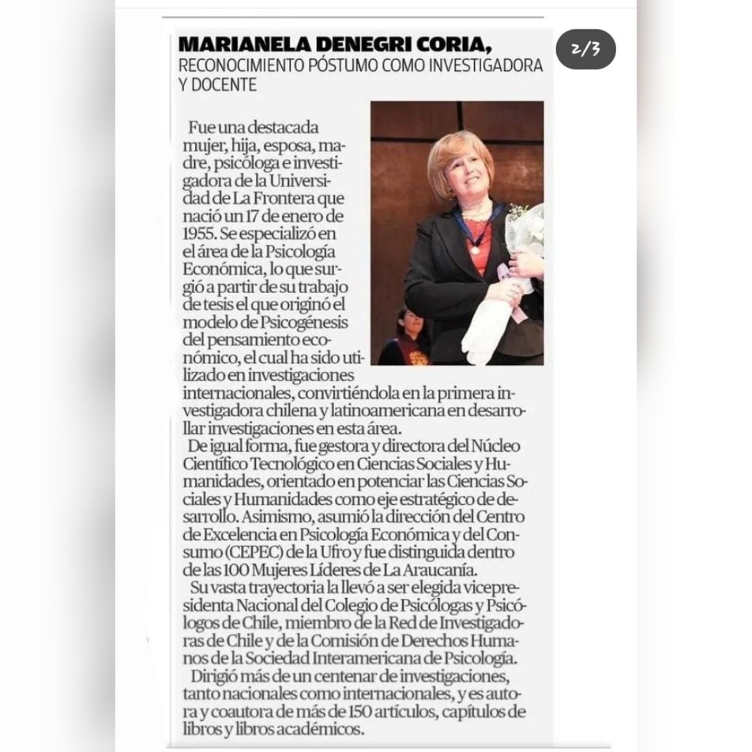 Asociación Red de Investigadoras (@redinvestchile) on Twitter photo En el marco del aniversario 142 de la ciudad de Temuco se reconoció a ciudadan@s destacad@s 2023, entre ellas se encuentra nuestra querida y recordada Dra Marianela Denegri <a href="/soydenegri/">Marianela Denegri</a>, un reconocimiento a todo el trabajo que realizó y su legado 💜 En el marco del aniversario 142 de la ciudad de Temuco se reconoció a ciudadan@s destacad@s 2023, entre ellas se encuentra nuestra querida y recordada Dra Marianela Denegri <a href="/soydenegri/">Marianela Denegri</a>, un reconocimiento a todo el trabajo que realizó y su legado 💜