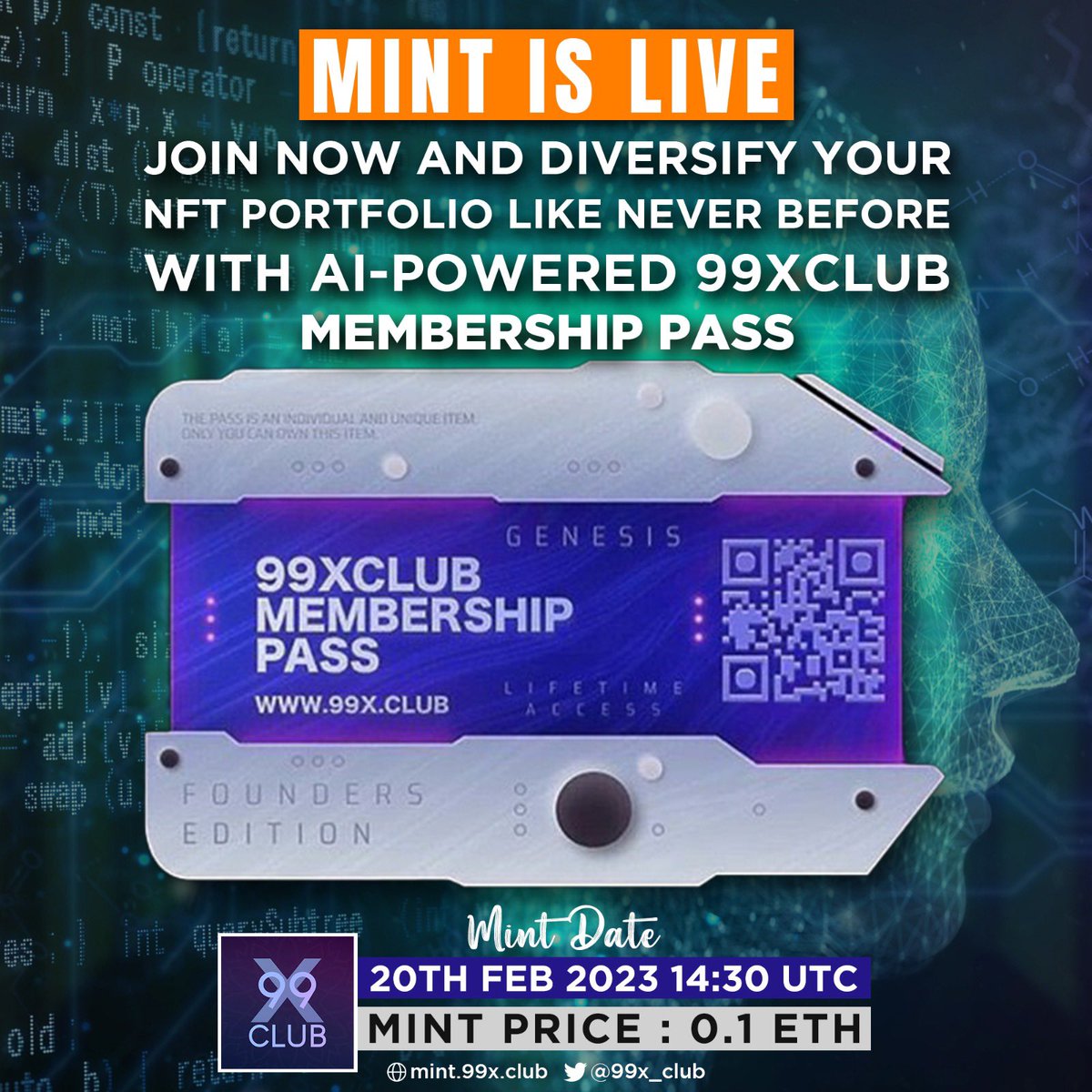 <a href="/99x_club/">99x Club</a> Public Sale is LIVE 🧬✨

Mint link: mint.99x.club

Mint Price : 0.1 $ETH + Gas

Supply : 3,333 NFTs

Join the elite group of NFT collectors with 99xclub's pass.

#99xclub #NFTCommunity #Nfts #BAYC #MAYC #nftart #nft #NFTCollection #NFTartist #ai #openai #gpt