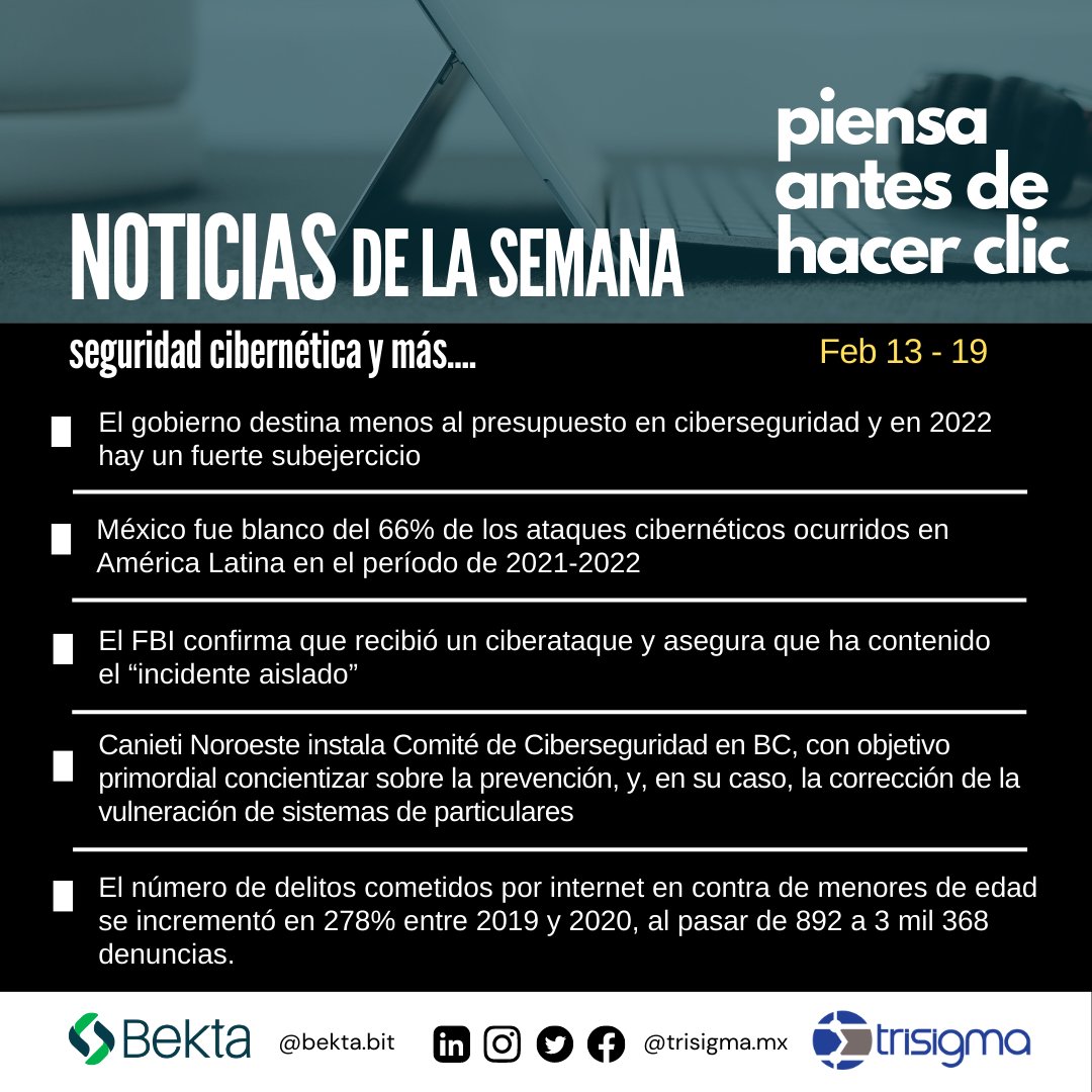 trisigmamx's tweet photo. Menos presupuesto para #ciberseguridad por parte del gobierno... 
Noticias relevantes de la semana en #seguridadinformatica https://t.co/h4kx5tX8Iy