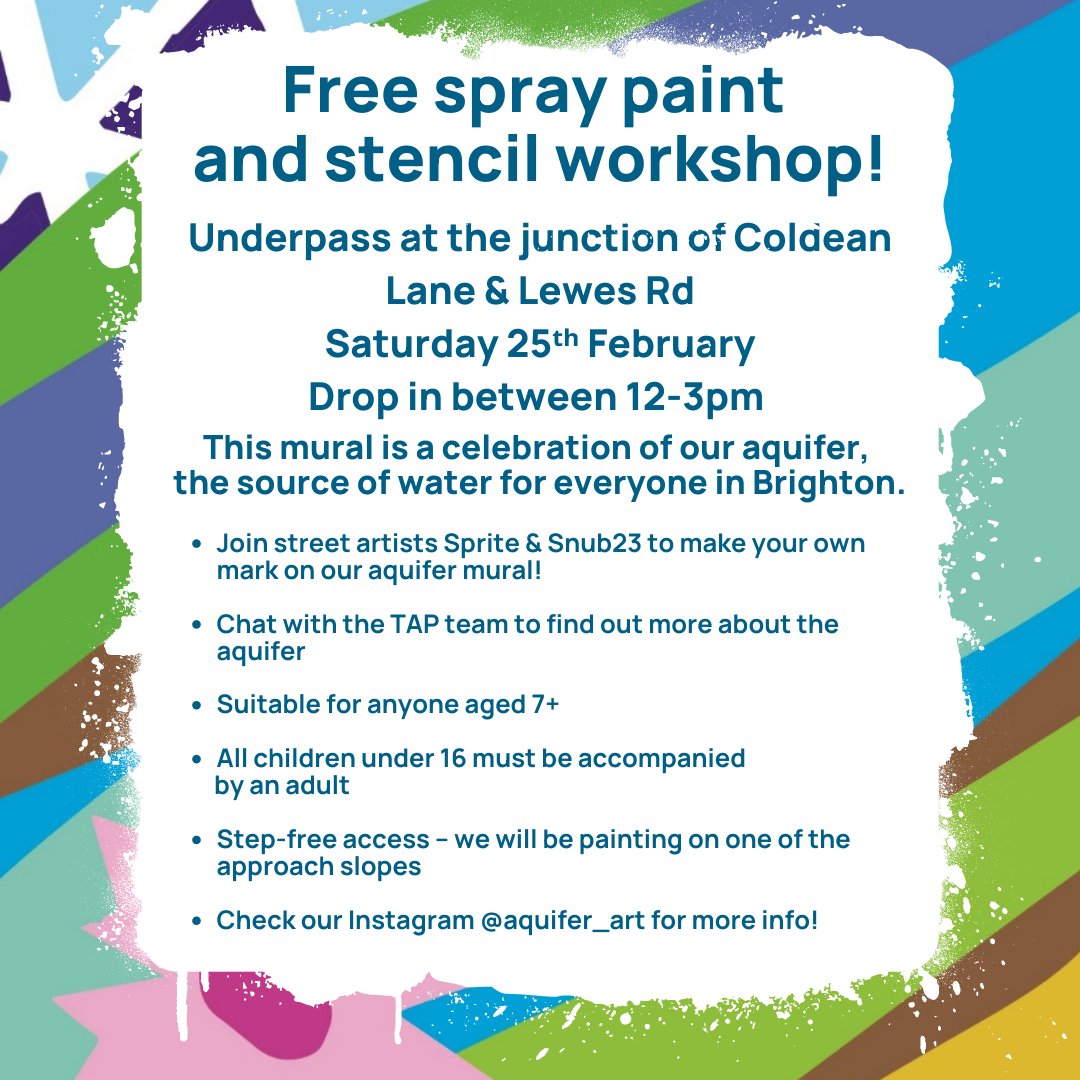 AquiferPartners's tweet photo. Join us in bringing the wonders of the aquifer to life!
#Brighton #FreeWorkshop #Art #Graffiti #SprayPaintArt #Aquifer #ColdeanLane #CommunityEvent #BrightonEvent #TheAquiferPartnership #AquiferArt #LocalArtist https://t.co/RzCjM6VGHj