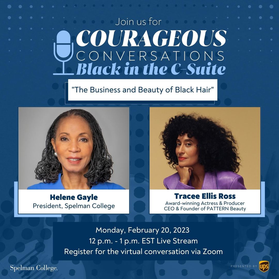 SpelmanPres's tweet photo. There's still time to join us today at 12 p.m. ET, for Courageous Conversations with award-winning actress, producer, and CEO/founder of @PatternBeauty, @TraceeEllisRoss. Join us virtually for a discussion on the business & beauty of Black hair: https://t.co/ziYWdxbEG5 #SpelmanCC https://t.co/UIC4SYQYxi