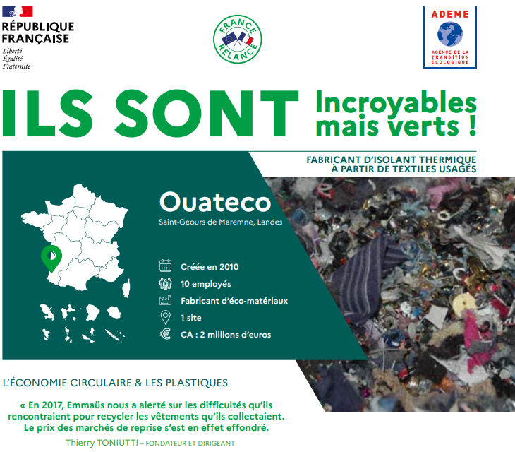 ademe_NA's tweet photo. Incroyables mais verts ! ♻️
Situé dans les Landes, @ouateco acquiert et met en place une ligne industrielle de délissage et d'effilochage de textiles usagés, à partir desquels elle fabrique un isolant thermique. 
https://t.co/CPVQWt8RqL
#textile #economiecirculaire https://t.co/kY4ZXyNasH
