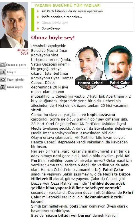 Düzce'de 20 kişiye mezar olan Işık Apt.'nın müteahhitleri.
1⃣Hamza Cebeci: 2004'te Üsküdar Bld Meclis Üyesi oldu, ardından İBB İmar Komisyonu üyesi seçildi.
2⃣Fahri Çakır: 2002'de AKP mvekili seçildi, bugün CB Başdanışmanı ve Darülaceze Başkanı.