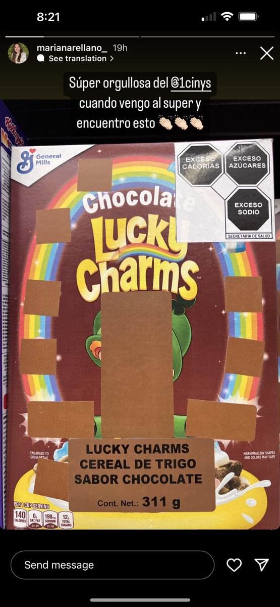 This is how @LuckyCharms look in Mexico. Since it’s an unhealthy product high in calories, sugar & salt it is not allowed to show cartoon characters & has to display black warning labels … and it’s working! #publichealth #obesityprevention #marketingtochildren @marianarellano_