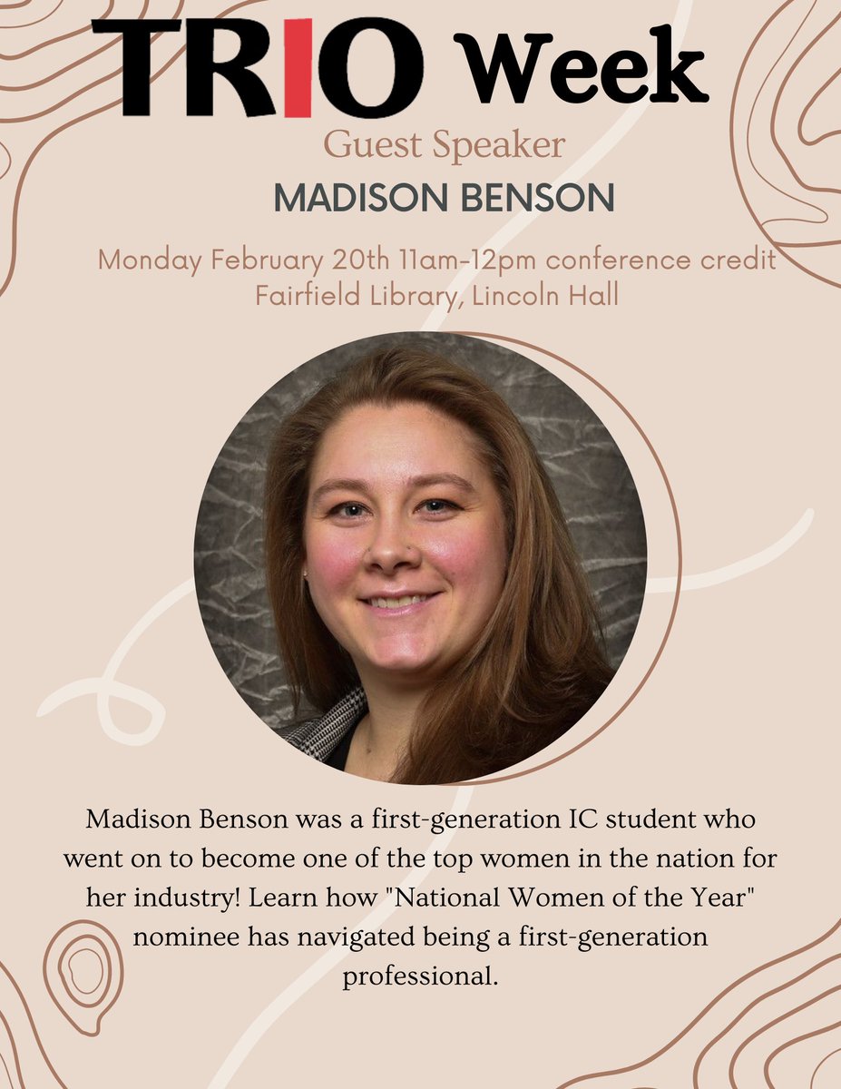 IC_CAE's tweet photo. LET'S KICK OFF TRIO WEEK TOGETHER!

Grab your lunch and join us today at 11 AM in the Fairfield Library to hear from Illinois College Alum, Madison Benson '17, where she will be talking about being a First-Generation Professional!!!

#TRIO | #TRIOWeek | #CAE https://t.co/RB2QEmSSVG