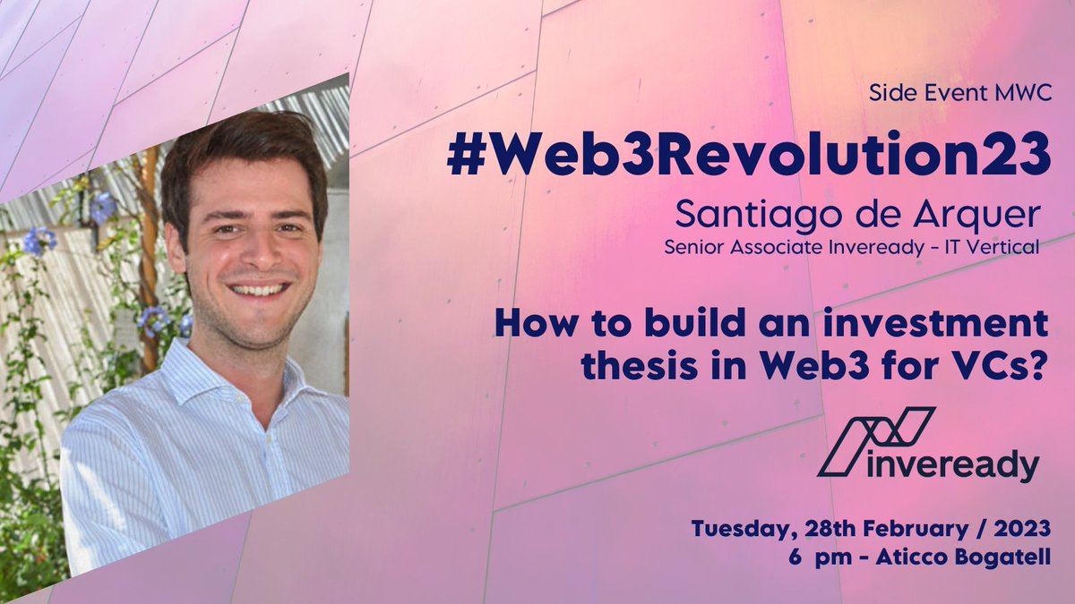 In his #keynote "How to build an investment thesis in Web3 for VCs", <a href="/sdearquer/">Santi de Arquer</a> Senior Associate at <a href="/inveready/">Inveready</a>, will go through the fundamental points of analysis for VCs when looking for Web3 successful projects🧐 

Get your tickets here!: eventbrite.es/e/web3-revolut…