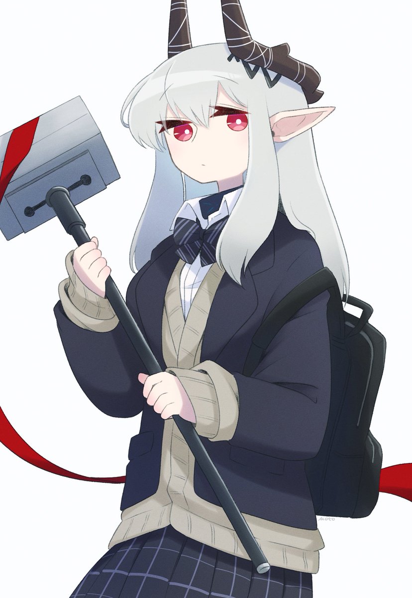 mudrock (arknights) 1girl solo horns red eyes hammer holding pointy ears  illustration images