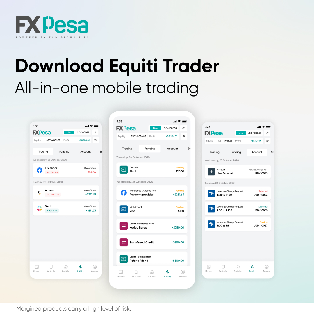 FXPesa_Official's tweet photo. 🤑🏃🏾‍♂️ Ready to trade on the go? The power’s in your hands. Equiti Trader is 100% mobile. Log in with your FXPesa details, trade in a few taps and manage funds within the app. Download Equiti Trader: https://t.co/iD5Kn93yHF https://t.co/ZleuUaCccL