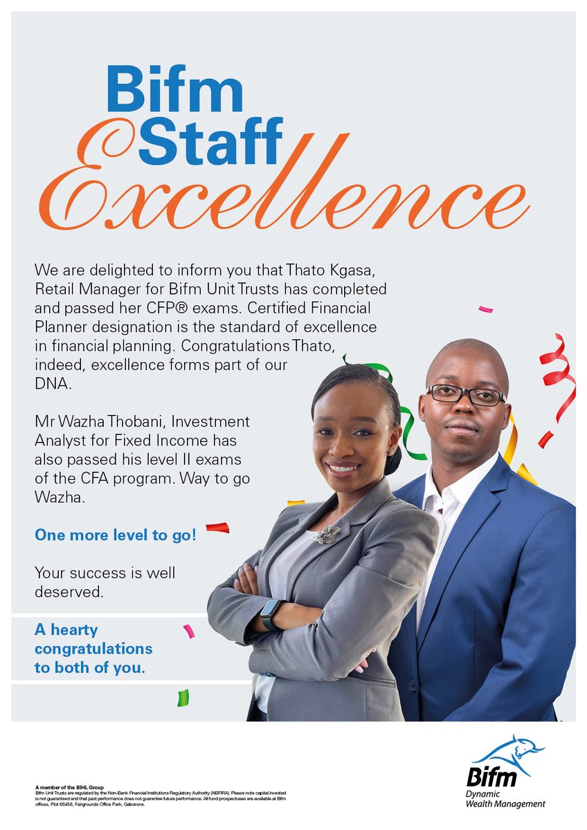 Excellence is in our DNA.

Congratulations are in order, Thato Kgasa, CFP® & Wazha Thobani 🙌 🙌 

#Bifm #StaffExcellence