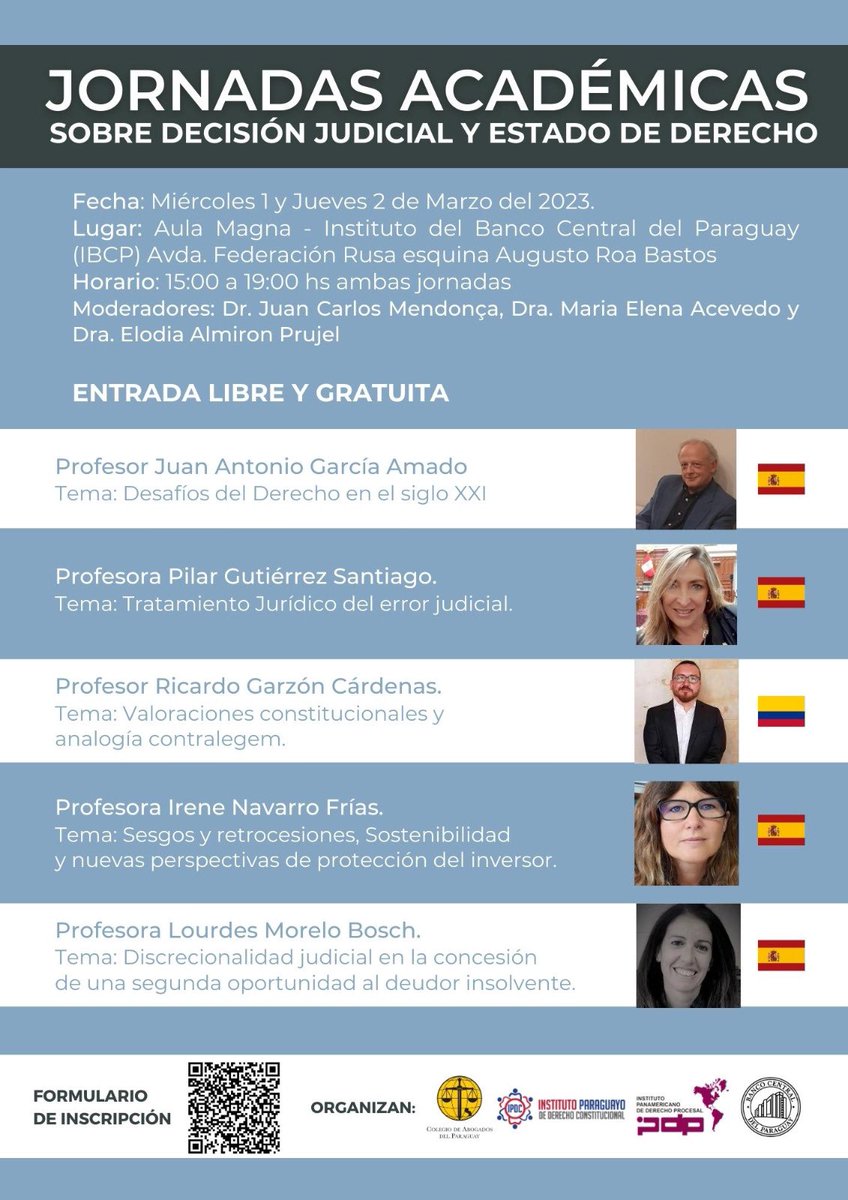📣 #IMPERDIBLE La semana que viene tendremos el honor de contar en Paraguay con la presencia del Dr. <a href="/JuanAGAmado/">Juan A. García Amado</a> y un grupo de 4 docentes de altísimo nivel. En sinergia con el <a href="/CAP_py/">Colegio de Abogados del Paraguay</a>, <a href="/InstitutoBCP/">Instituto BCP</a> y otras entidades, logramos poner al alcance de todos estas jornadas académicas.