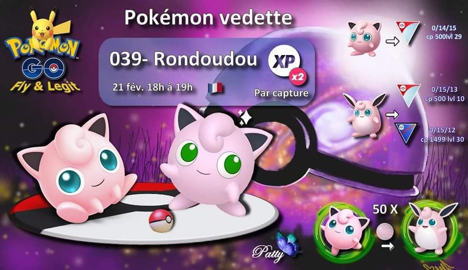 PattyPupuce's tweet photo. Hello 👋 

Pokemon vedette 
Rondoudou✨️ XP x2 par capture 
Le 21 février de 18h à 19h 

Ma page Facebook 
👇👇
https://t.co/lz9JIUeSfj

#pokemonGo #pokemonGoVedette  #rondoudou https://t.co/FXsQFkj2qn