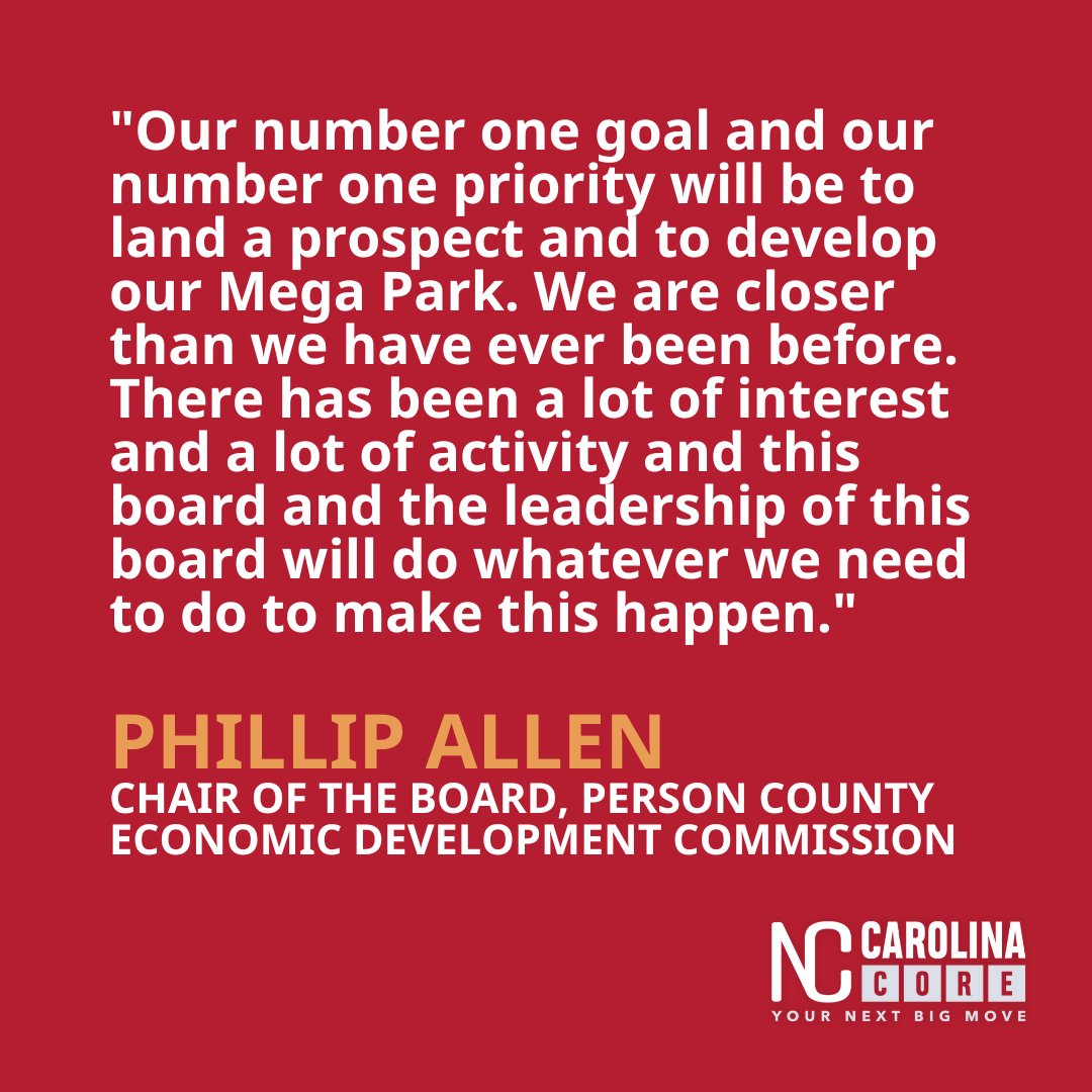 The #CarolinaCore congratulates Phillip Allen on re-election as chair of the Person County Economic Development Commission!

Their priority is to develop the 1,350-acre Mega Park that has a purchase price of $27 million.

@PersonCountyNC
@BetterNPersonNC

bit.ly/40Pj1c6