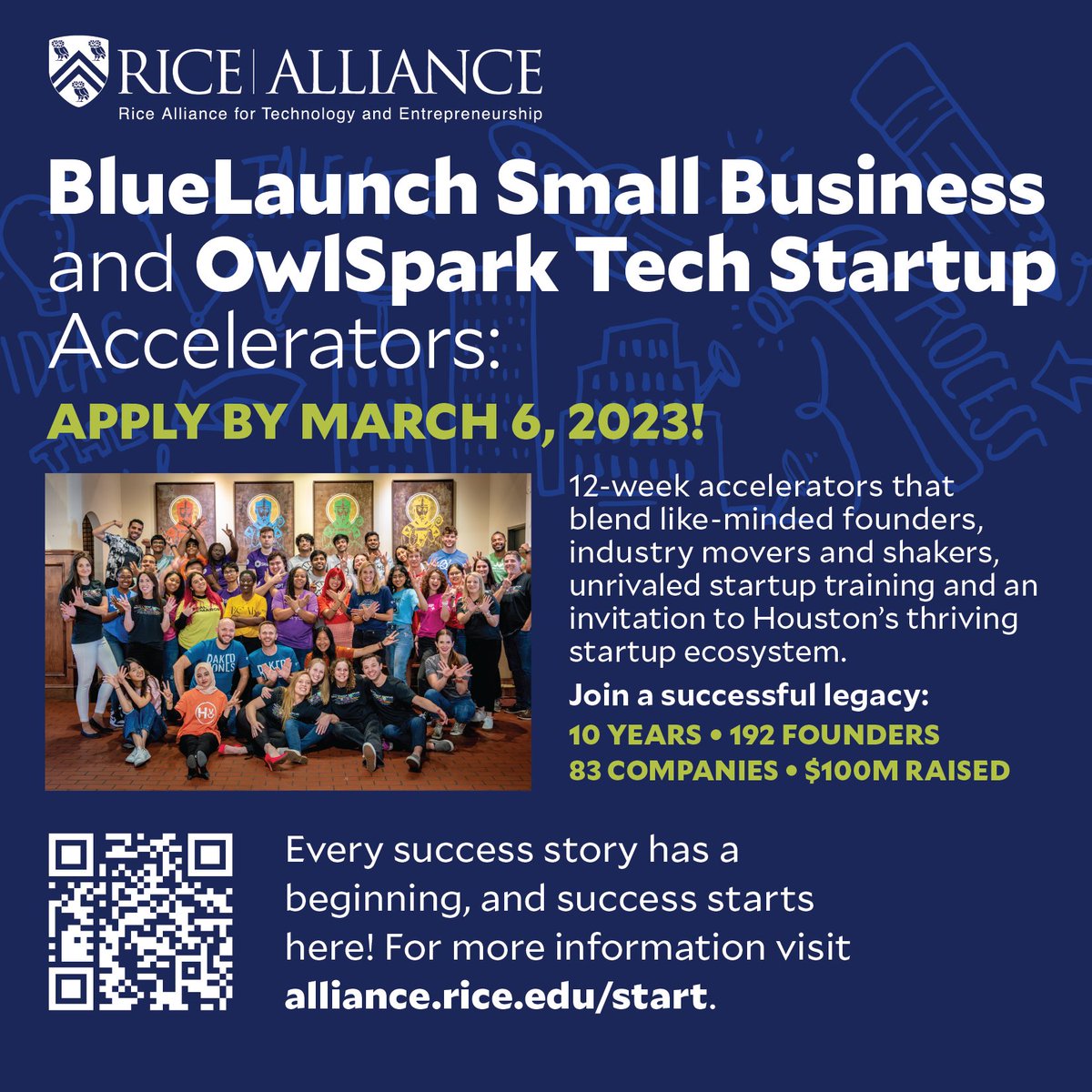 Rice Alliance (@ricealliance) on Twitter photo 📣 <a href="/RiceUniversity/">Rice University</a> alums, students + staff: Need support to take your tech startup or small biz to the next level? OwlSpark Tech Startup & BlueLaunch Small Biz Accelerators apps are open! Join an exciting legacy: 10 years, 192 founders, $100M raised. alliance.rice.edu/start 📣 <a href="/RiceUniversity/">Rice University</a> alums, students + staff: Need support to take your tech startup or small biz to the next level? OwlSpark Tech Startup & BlueLaunch Small Biz Accelerators apps are open! Join an exciting legacy: 10 years, 192 founders, $100M raised. alliance.rice.edu/start