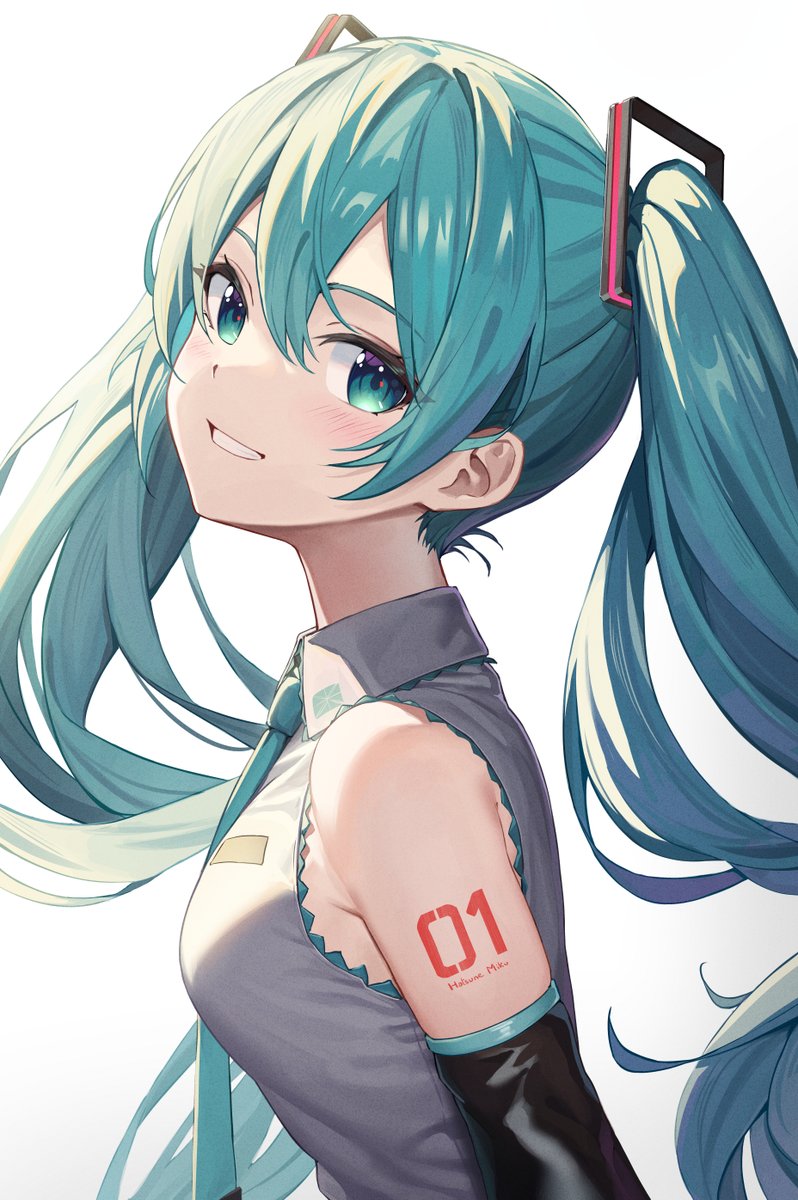 hatsune miku 1girl solo long hair twintails necktie detached sleeves smile  illustration images