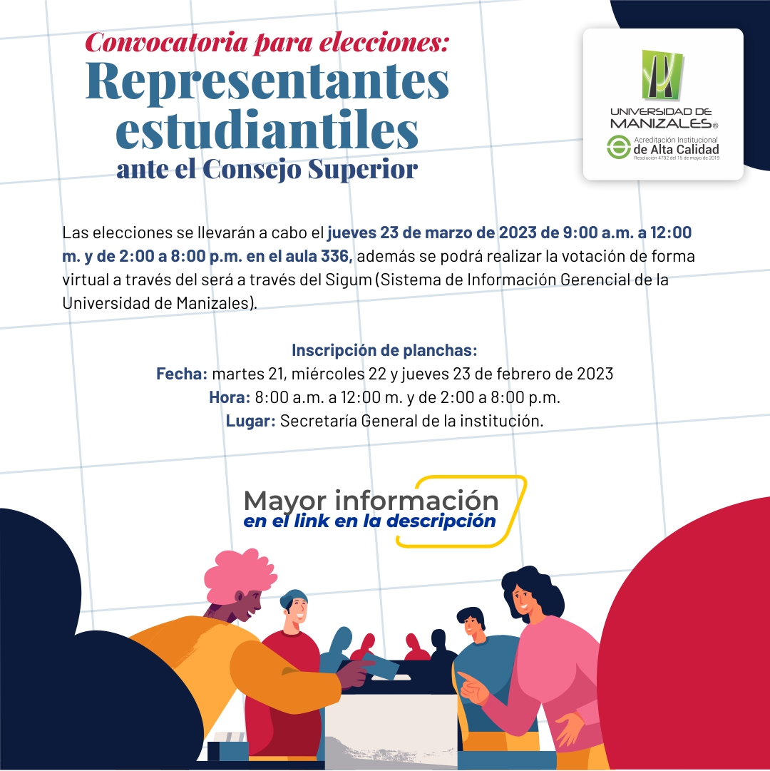 #EleccionesUManizales | Representante de los estudiantes ante el Consejo Superior

Hasta el jueves 23 de febrero puedes inscribir tu plancha 

Conoce más e inscríbete en 👉 bit.ly/3lODHB3