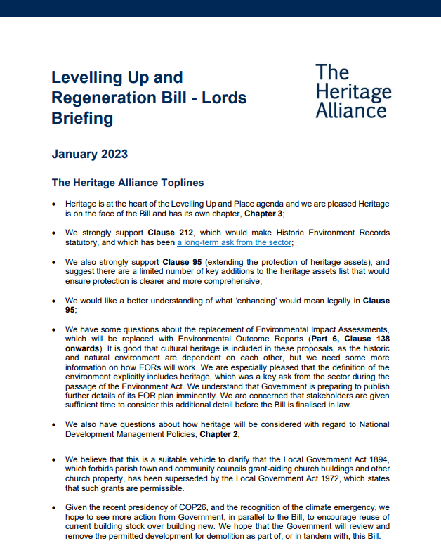 Last week, we sent out a briefing on the #LevellingUp &amp; #Regeneration Bill to Members of the House of Lords ahead of Committee Stage - outlining our key reflections in relation to the #heritage sector. 

You can now read it here 👉 theheritagealliance.org.uk/wp-content/upl…